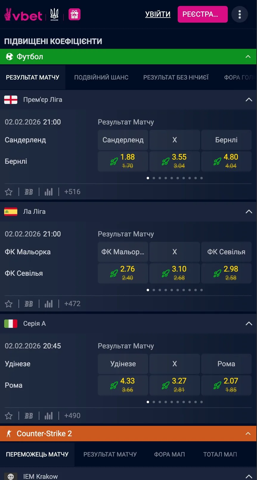 Коефіцієнти VBET на футбол — ставки на Прем'єр-Лігу, Ла Лігу, Серію А з підвищеними коефіцієнтами